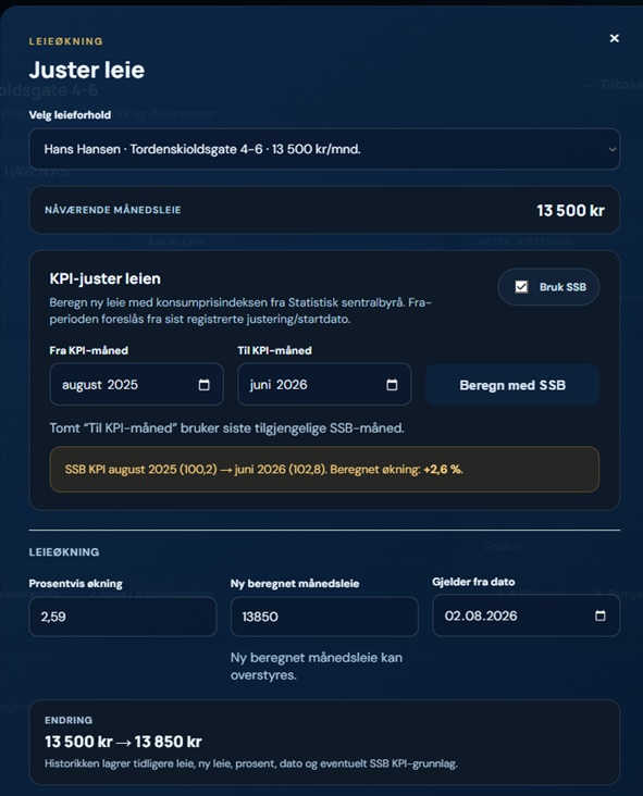 Juster leie i Utleieverket med SSB KPI-grunnlag og ny beregnet månedsleie