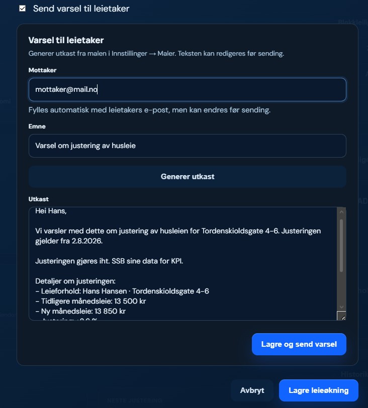 Varsel til leietaker med redigerbart e-postutkast i Utleieverket